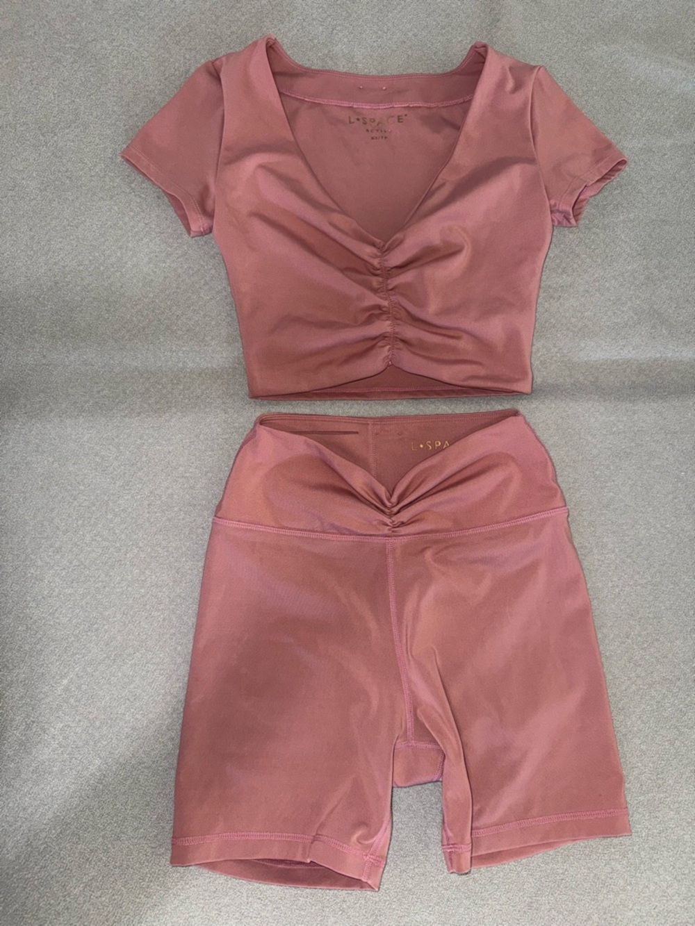 L Space - Pink Ruched High-Waist Bike Shorts and top. Size XS